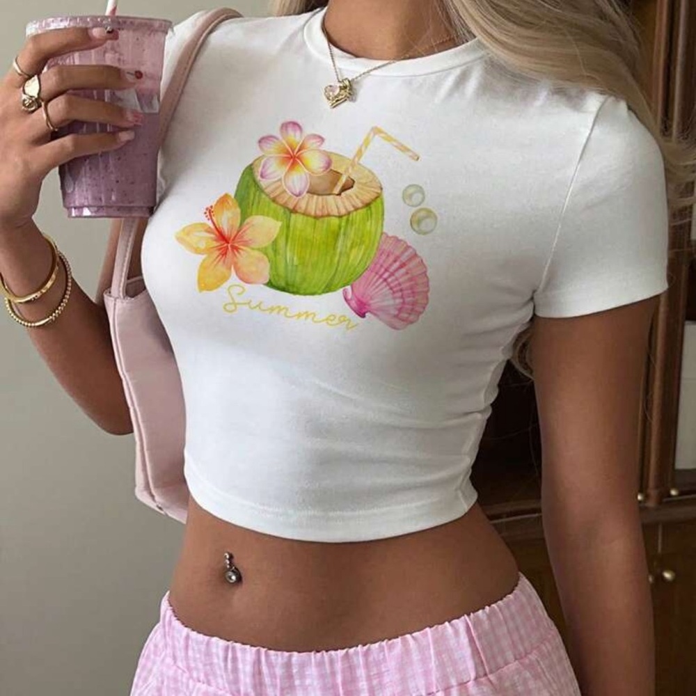 Casual Minimalist Coconut And Starfish Pattern Round Neck Short Sleeve Crop Top